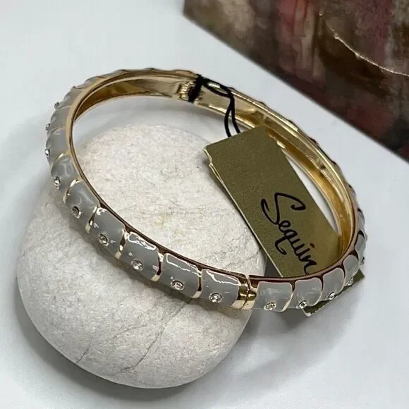 White Enamel Geometric Pattern Accented with Clear Crystals in Gold Hinged NWT - Picture 7 of 7